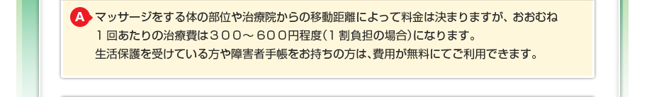 マッサージをする体の部位や治療院からの移動距離によって料金は決まりますが、 おおむね1回あたりの治療費は３００～６００円程度（1割負担の場合）になります。 生活保護を受けている方や障害者手帳をお持ちの方は費用が無料にてご利用できます。